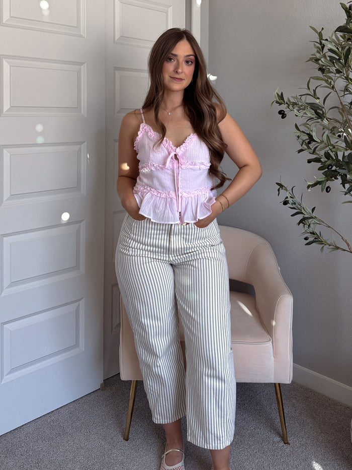 Liora Cotton Ruffle Peplum Tie Front Top (Water Pink)