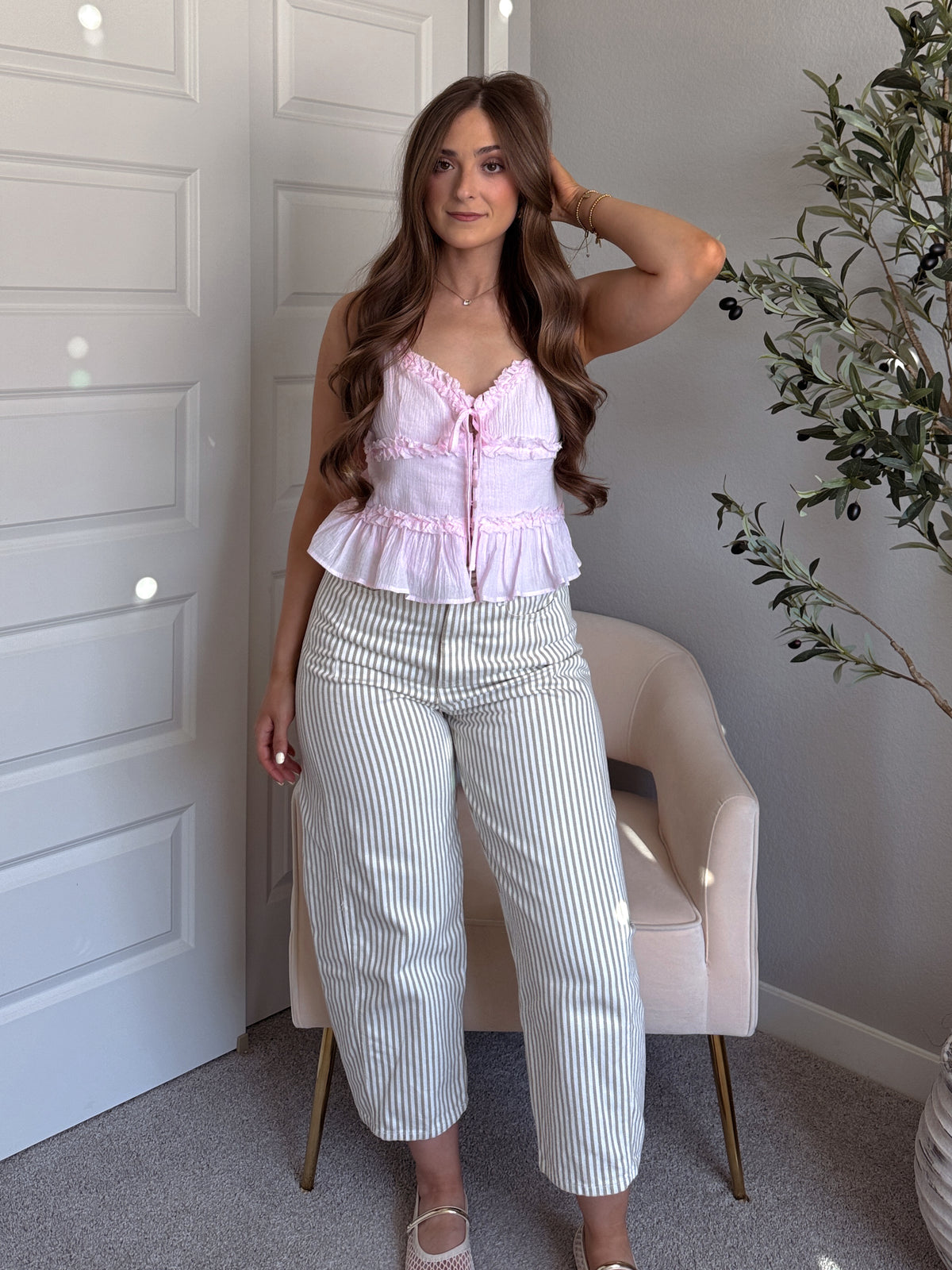 Liora Cotton Ruffle Peplum Tie Front Top (Water Pink)