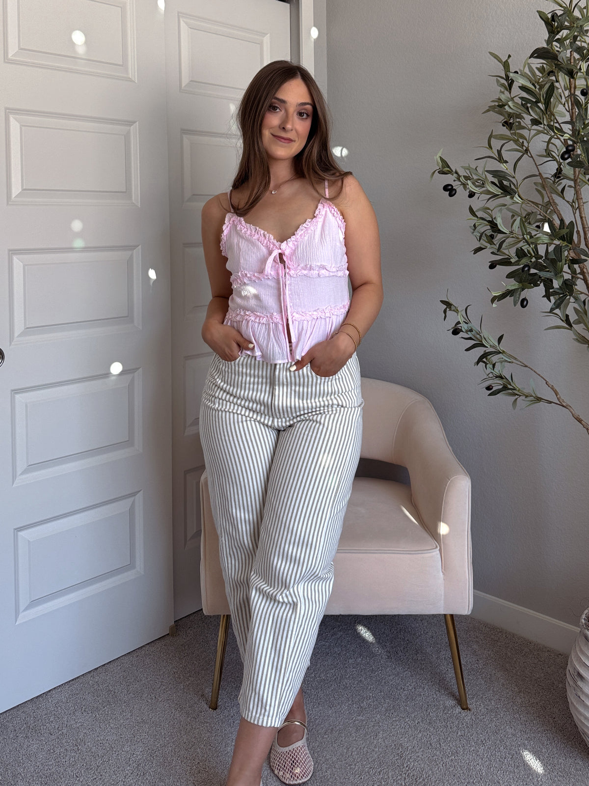 Liora Cotton Ruffle Peplum Tie Front Top (Water Pink)