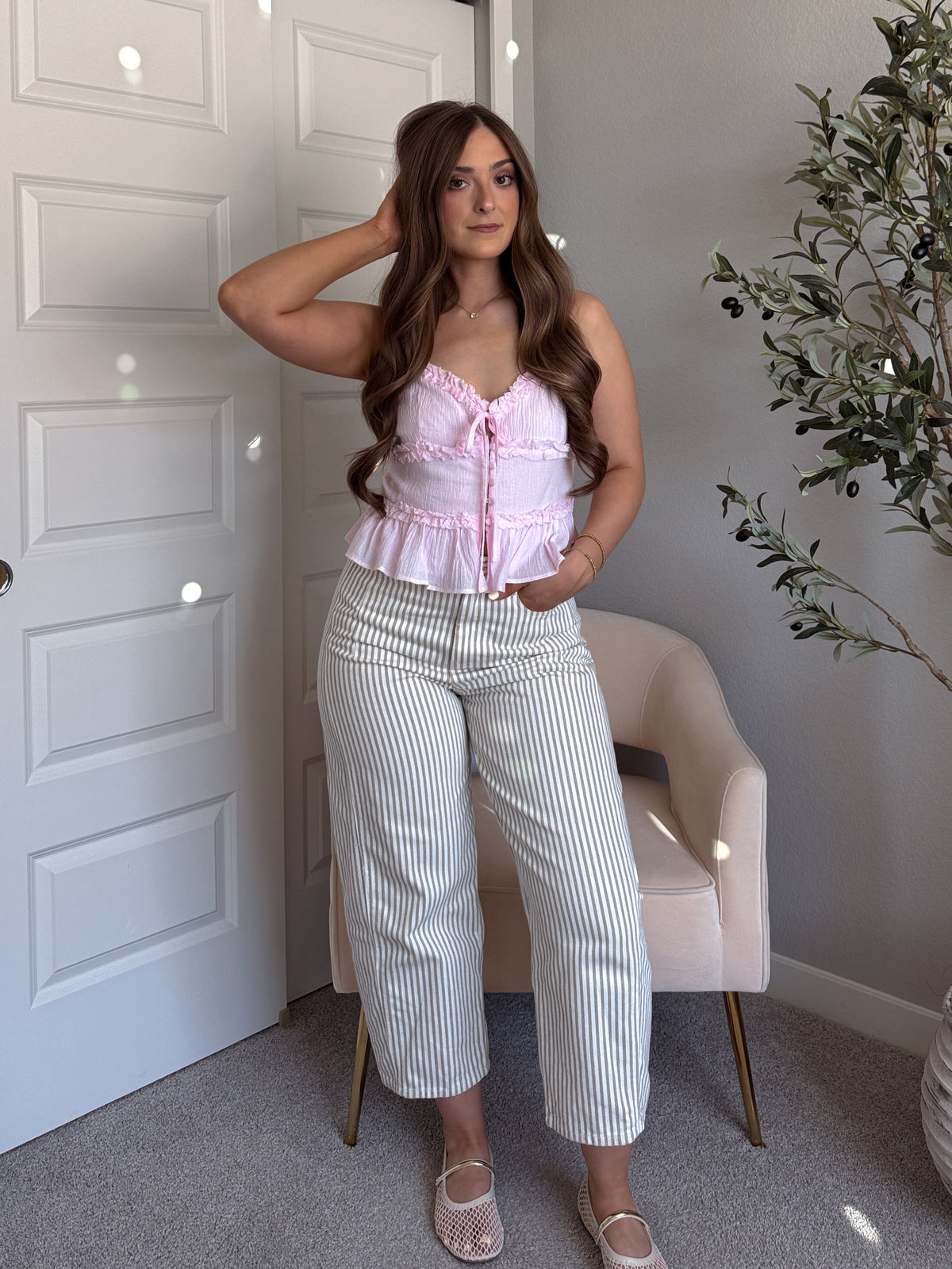 Liora Cotton Ruffle Peplum Tie Front Top (Water Pink)