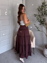 Liora Cotton Tiered Ruffle Maxi Skirt (Brown)