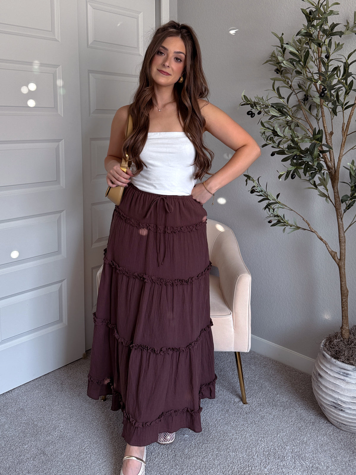 Liora Cotton Tiered Ruffle Maxi Skirt (Brown)