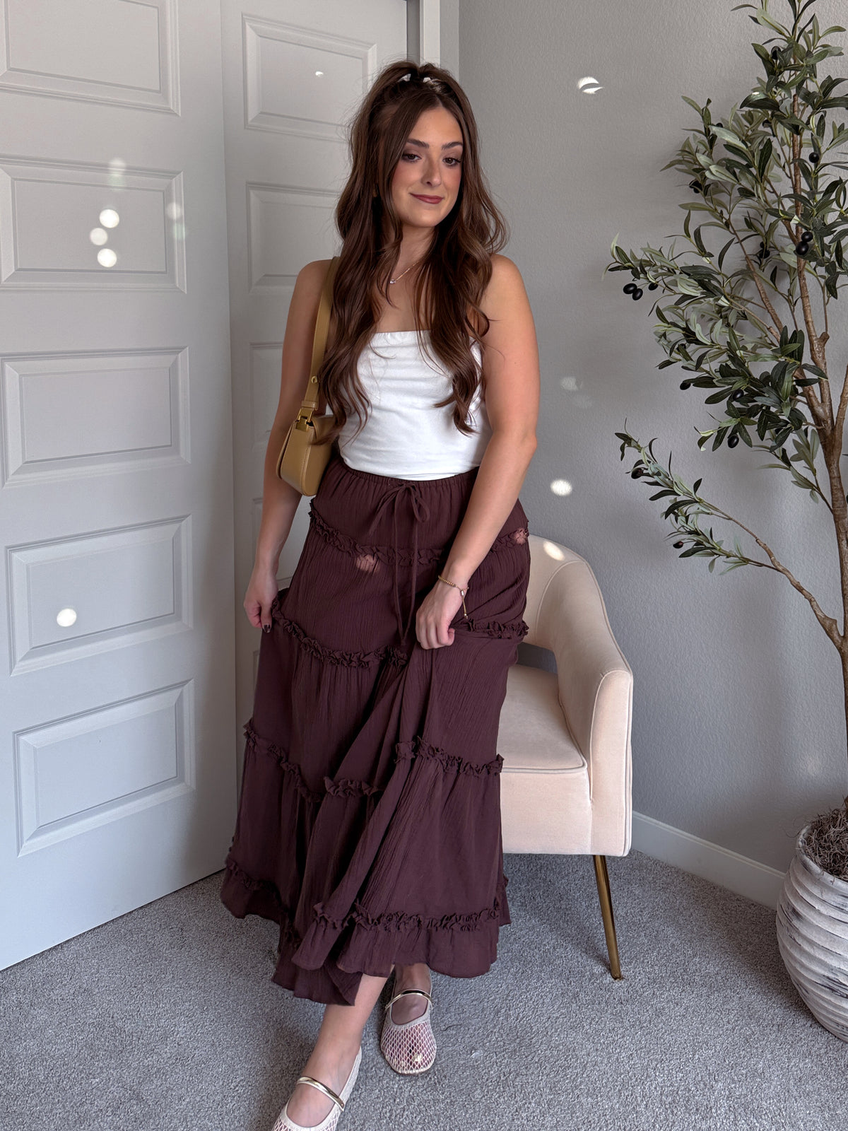 Liora Cotton Tiered Ruffle Maxi Skirt (Brown)