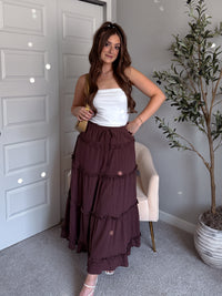 Liora Cotton Tiered Ruffle Maxi Skirt (Brown)
