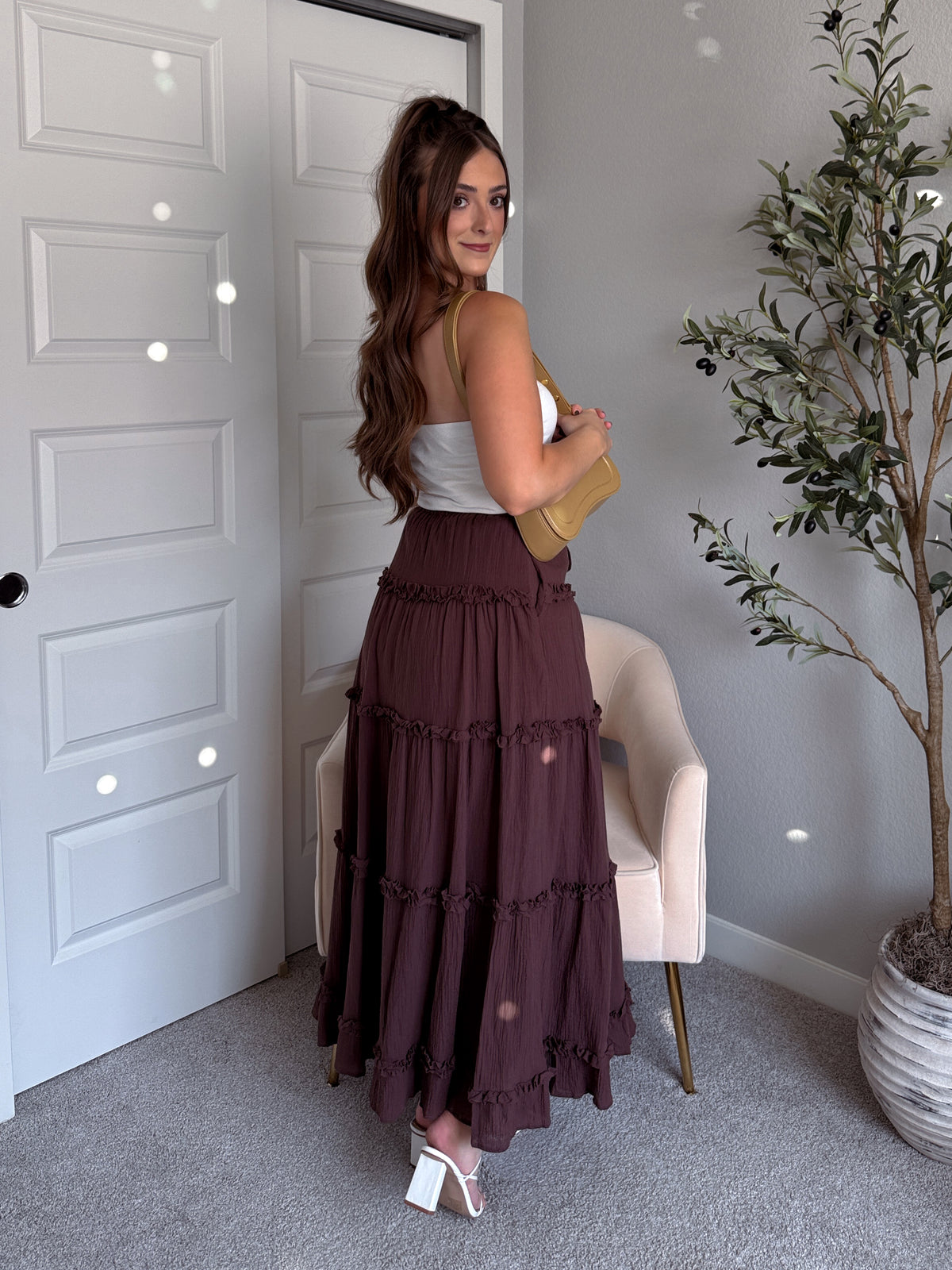 Liora Cotton Tiered Ruffle Maxi Skirt (Brown)