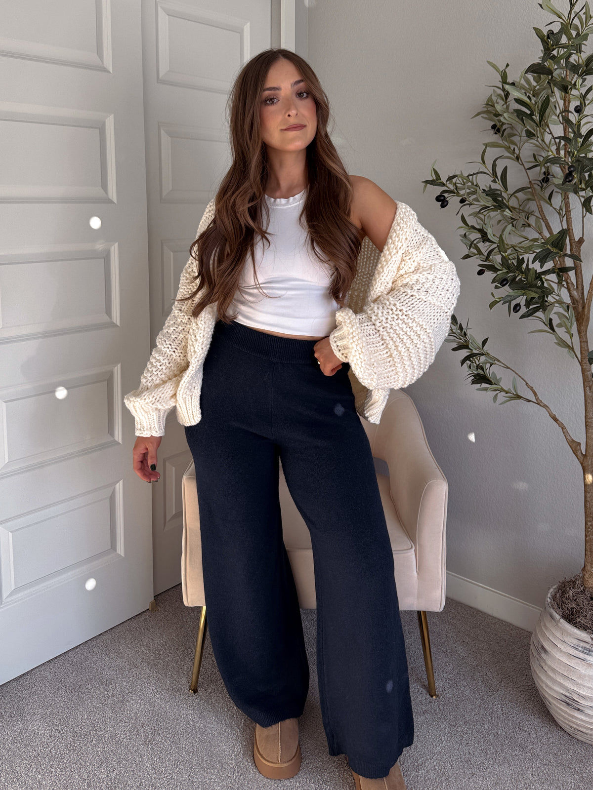 Lucy Chunky Knit Oversized Open-Front Cardigan (Cream)