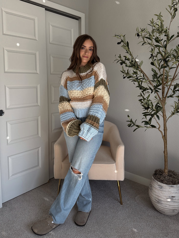 Mabel Striped Mock Neck Chunky Knit Sweater (Brown/Multi)