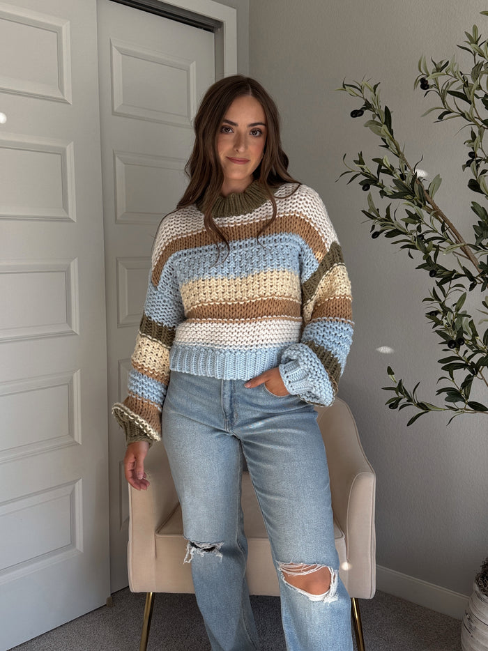Mabel Striped Mock Neck Chunky Knit Sweater (Brown/Multi)