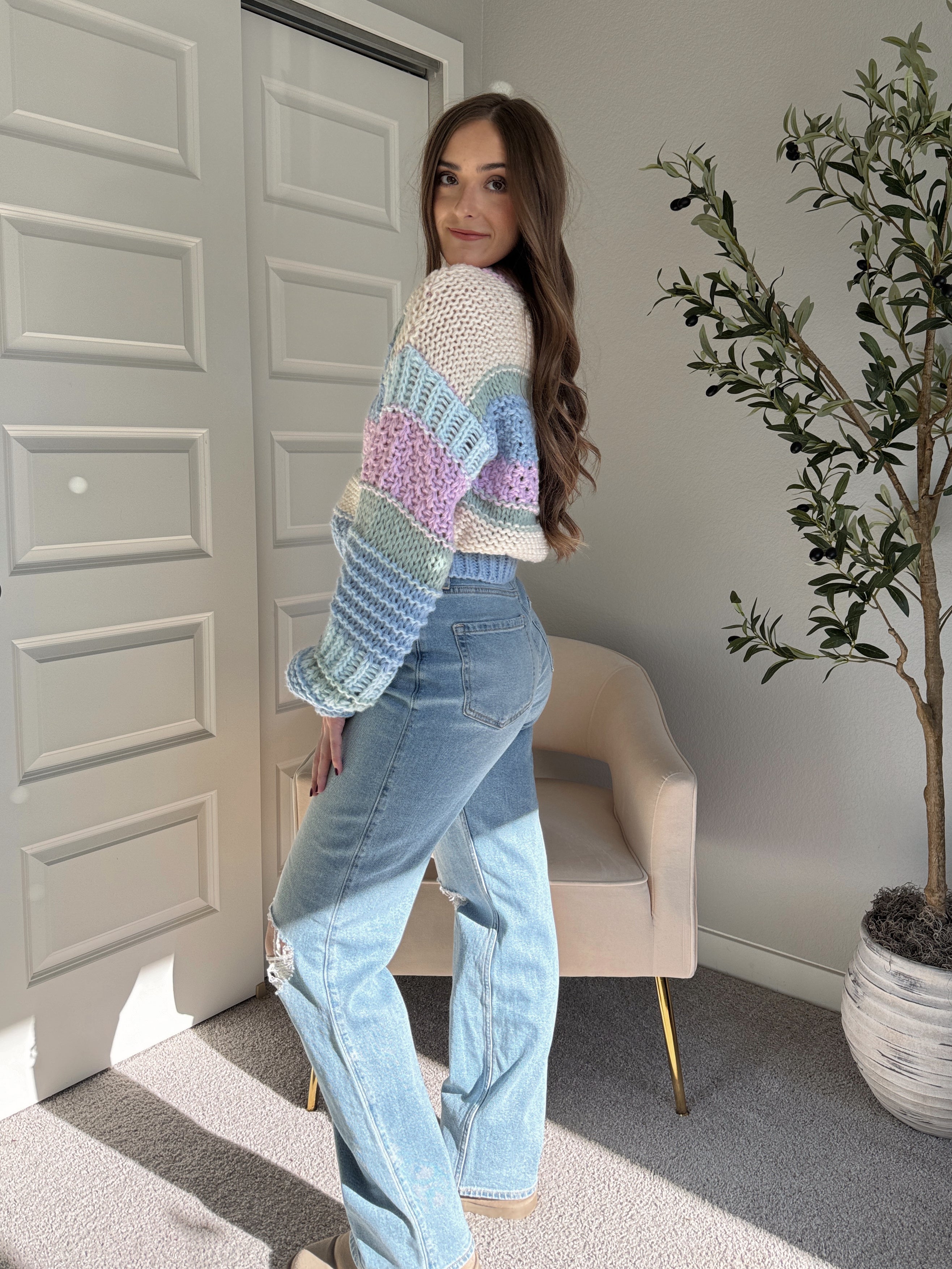 Mabel Striped Mock Neck Chunky Knit Sweater (Lilac/Multi) – La