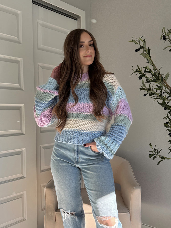 Mabel Striped Mock Neck Chunky Knit Sweater (Lilac/Multi)