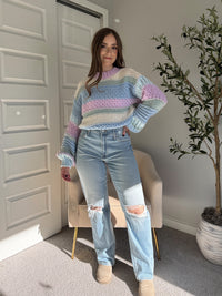 Mabel Striped Mock Neck Chunky Knit Sweater (Lilac/Multi)