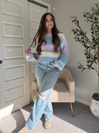 Mabel Striped Mock Neck Chunky Knit Sweater (Lilac/Multi)