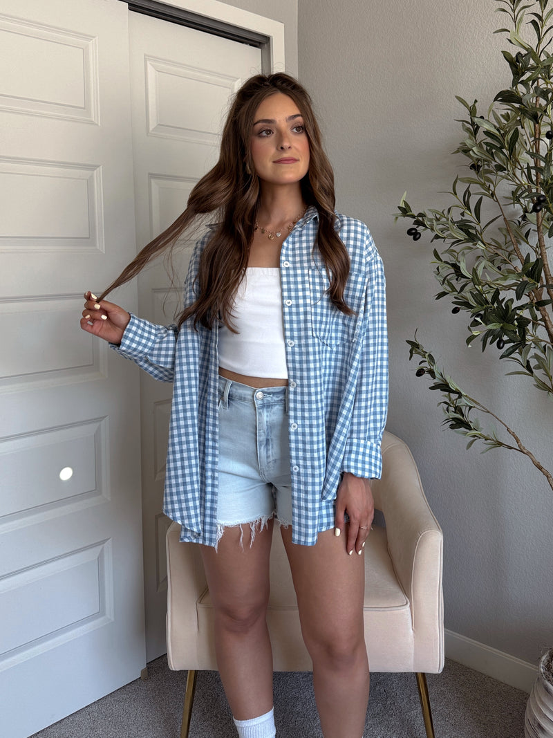 Madison Gingham Oversized Button-Down Shirt (Aqua)