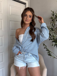 Madison Gingham Oversized Button-Down Shirt (Aqua)