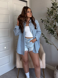 Madison Gingham Oversized Button-Down Shirt (Aqua)