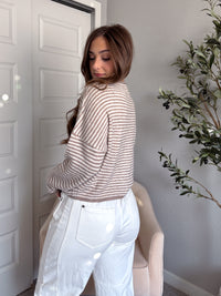 Maeve Striped Raw Edge Lightweight Knit Cardigan (Light Mocha)