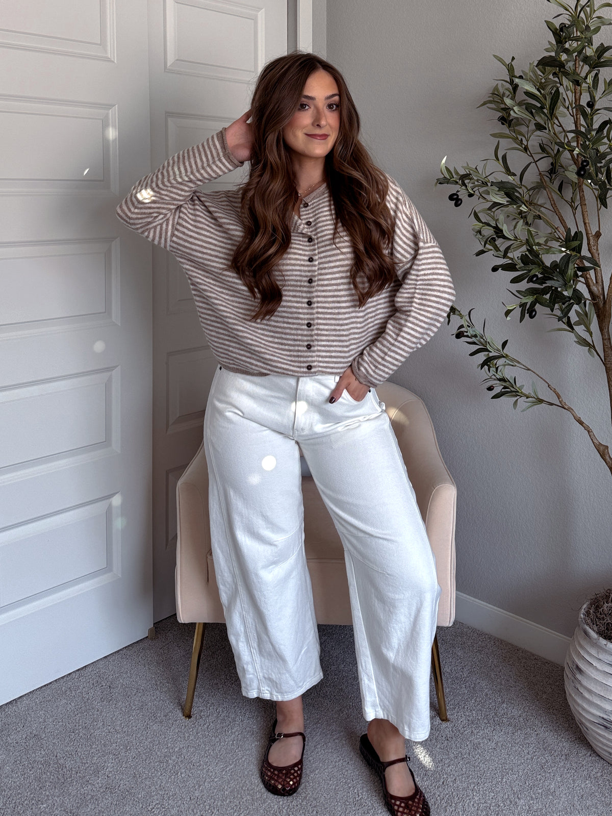 Maeve Striped Raw Edge Lightweight Knit Cardigan (Light Mocha)