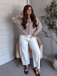 Maeve Striped Raw Edge Lightweight Knit Cardigan (Light Mocha)