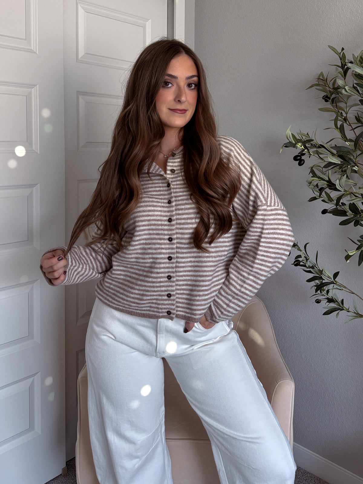 Maeve Striped Raw Edge Lightweight Knit Cardigan (Light Mocha)