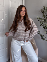 Maeve Striped Raw Edge Lightweight Knit Cardigan (Light Mocha)