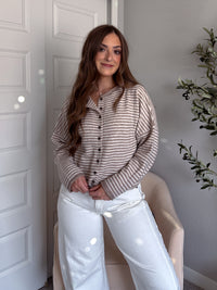 Maeve Striped Raw Edge Lightweight Knit Cardigan (Light Mocha)