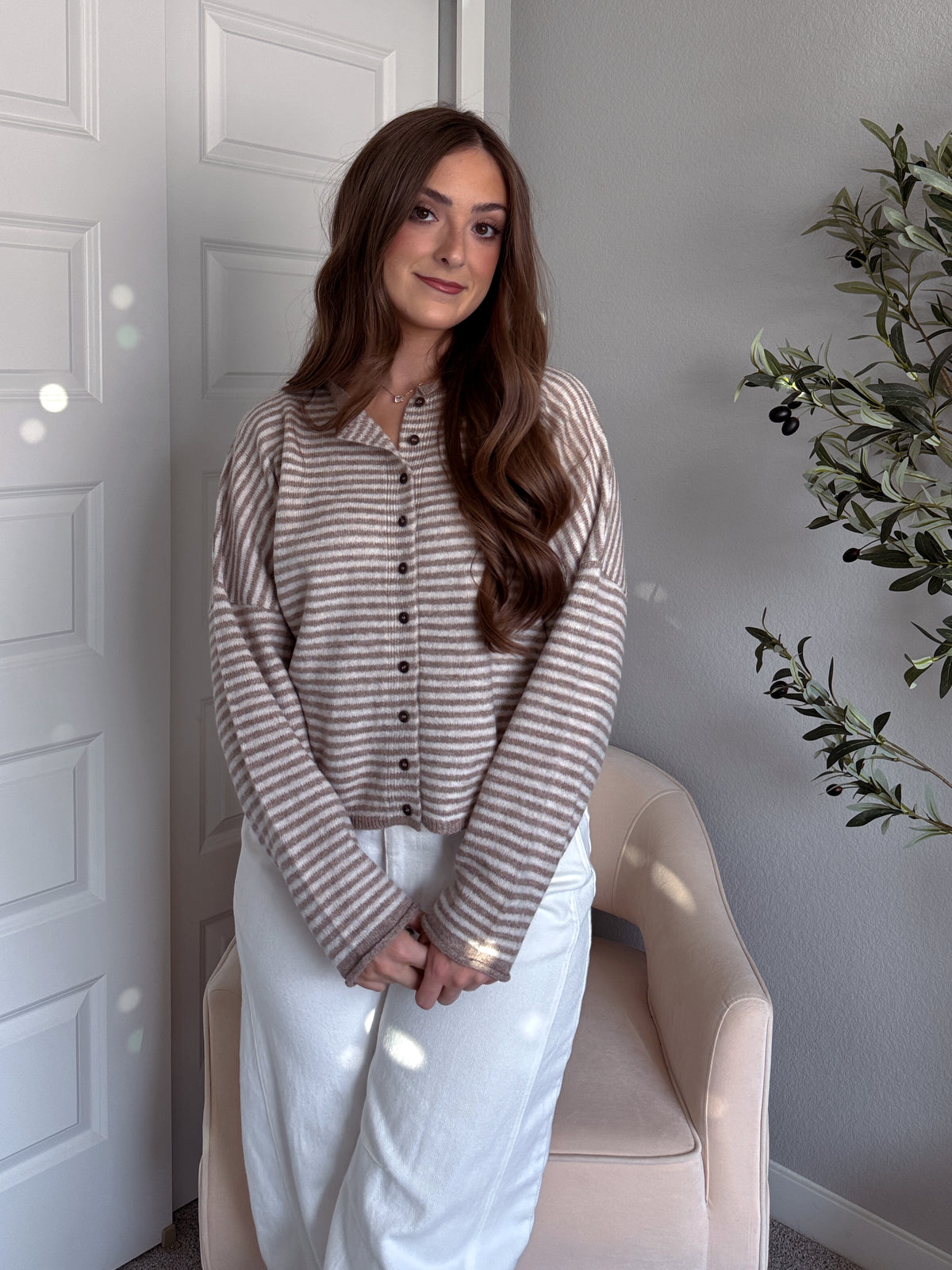 Maeve Striped Raw Edge Lightweight Knit Cardigan (Light Mocha)