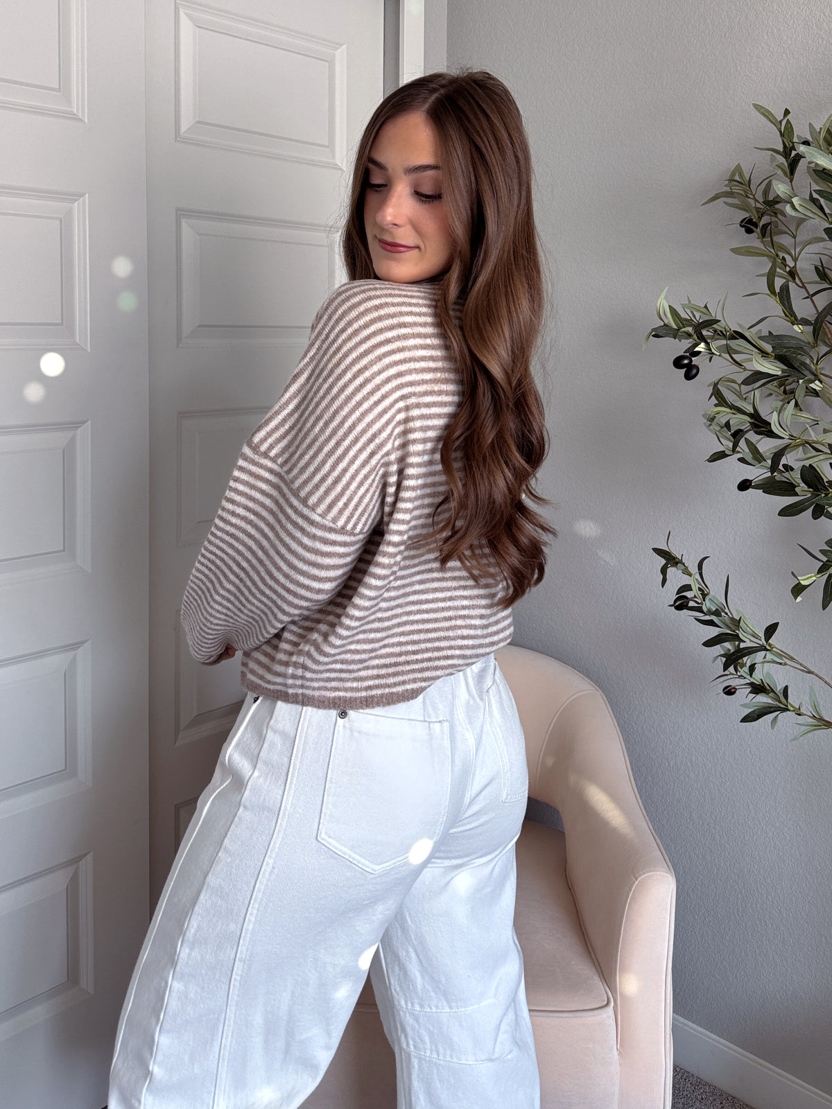 Maeve Striped Raw Edge Lightweight Knit Cardigan (Light Mocha)