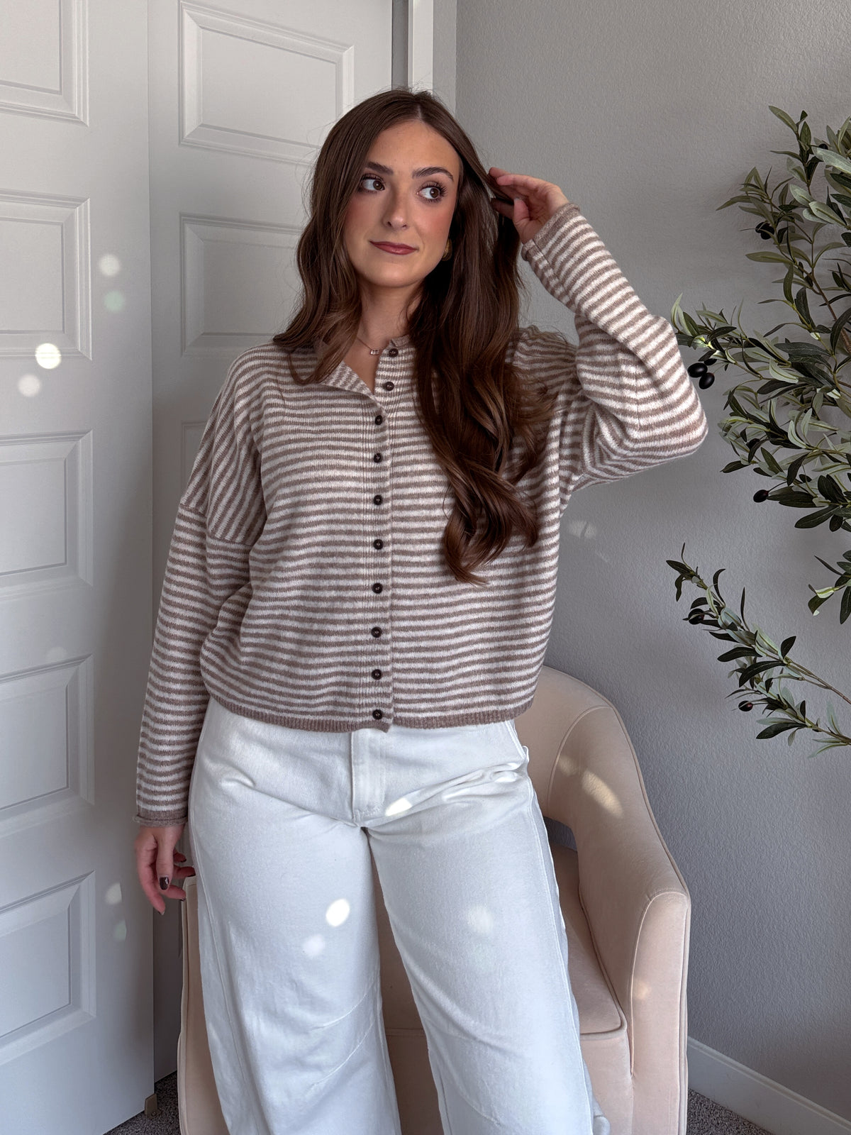 Maeve Striped Raw Edge Lightweight Knit Cardigan (Light Mocha)