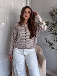 Maeve Striped Raw Edge Lightweight Knit Cardigan (Light Mocha)