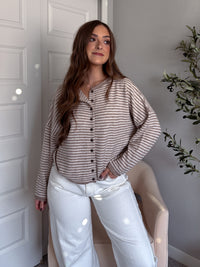 Maeve Striped Raw Edge Lightweight Knit Cardigan (Light Mocha)