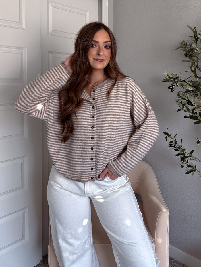 Maeve Striped Raw Edge Lightweight Knit Cardigan (Light Mocha)