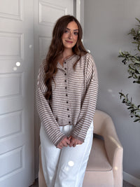Maeve Striped Raw Edge Lightweight Knit Cardigan (Light Mocha)