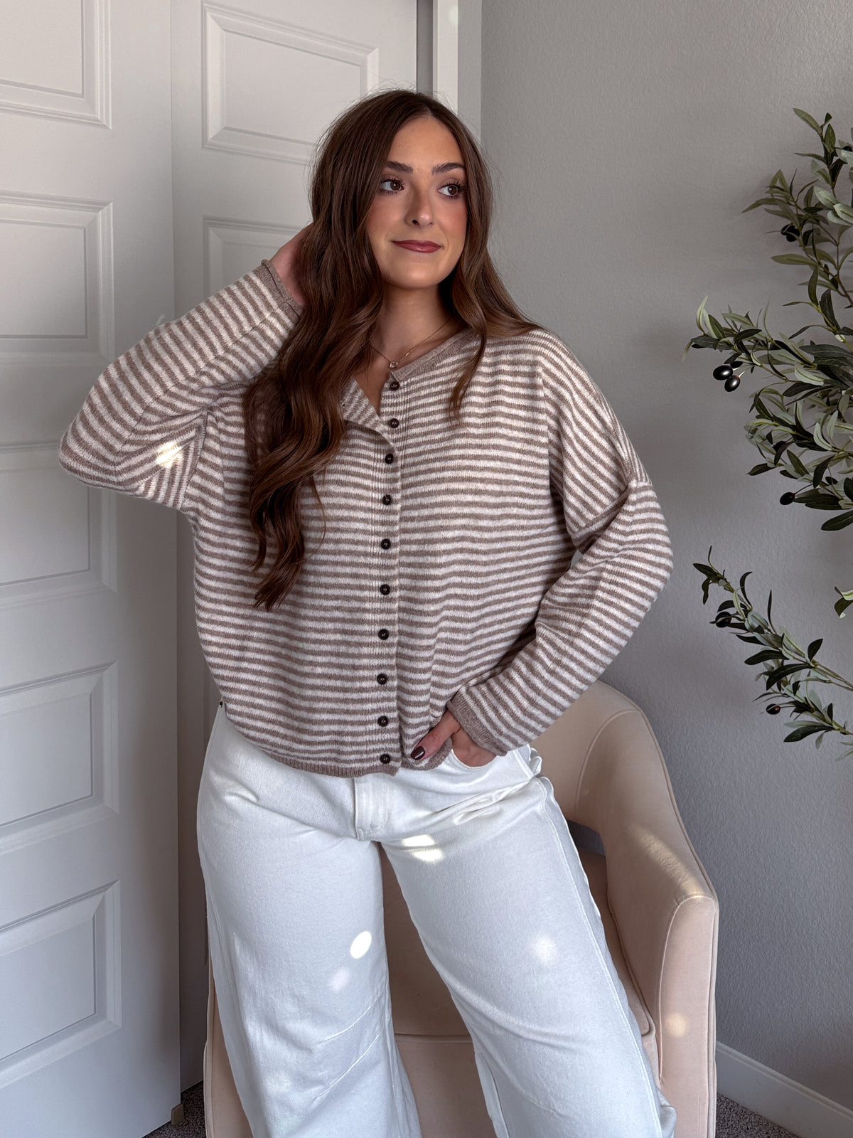 Maeve Striped Raw Edge Lightweight Knit Cardigan (Light Mocha)