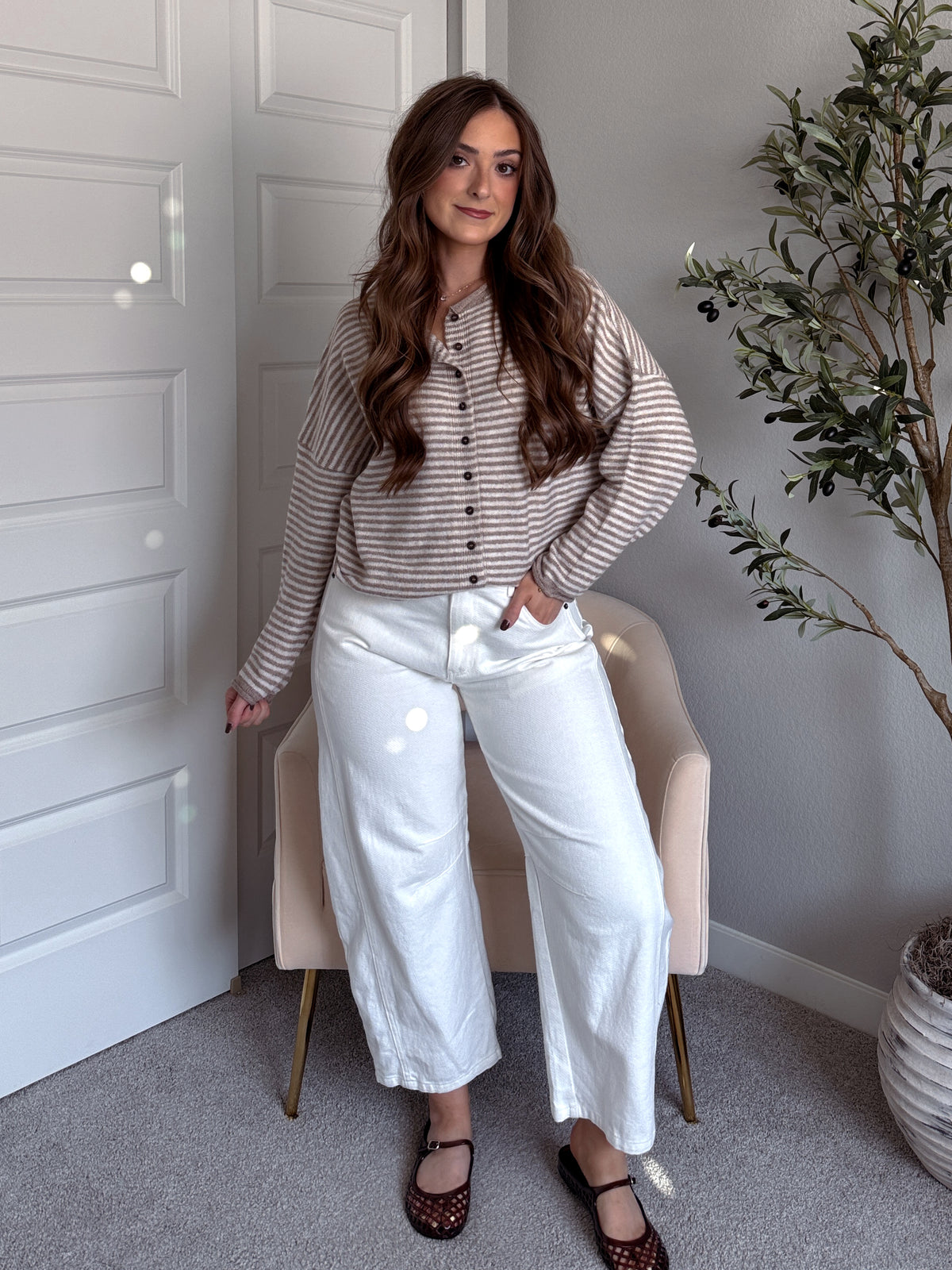 Maeve Striped Raw Edge Lightweight Knit Cardigan (Light Mocha)