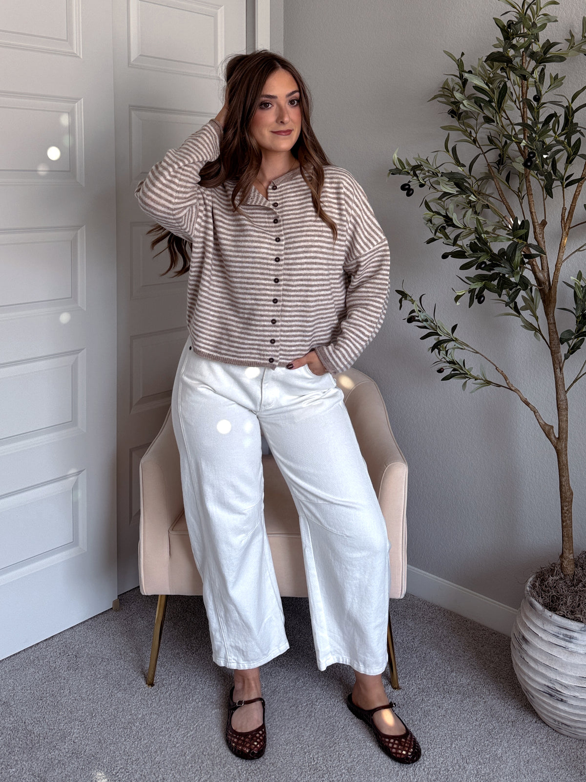 Maeve Striped Raw Edge Lightweight Knit Cardigan (Light Mocha)
