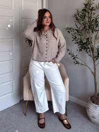 Maeve Striped Raw Edge Lightweight Knit Cardigan (Light Mocha)