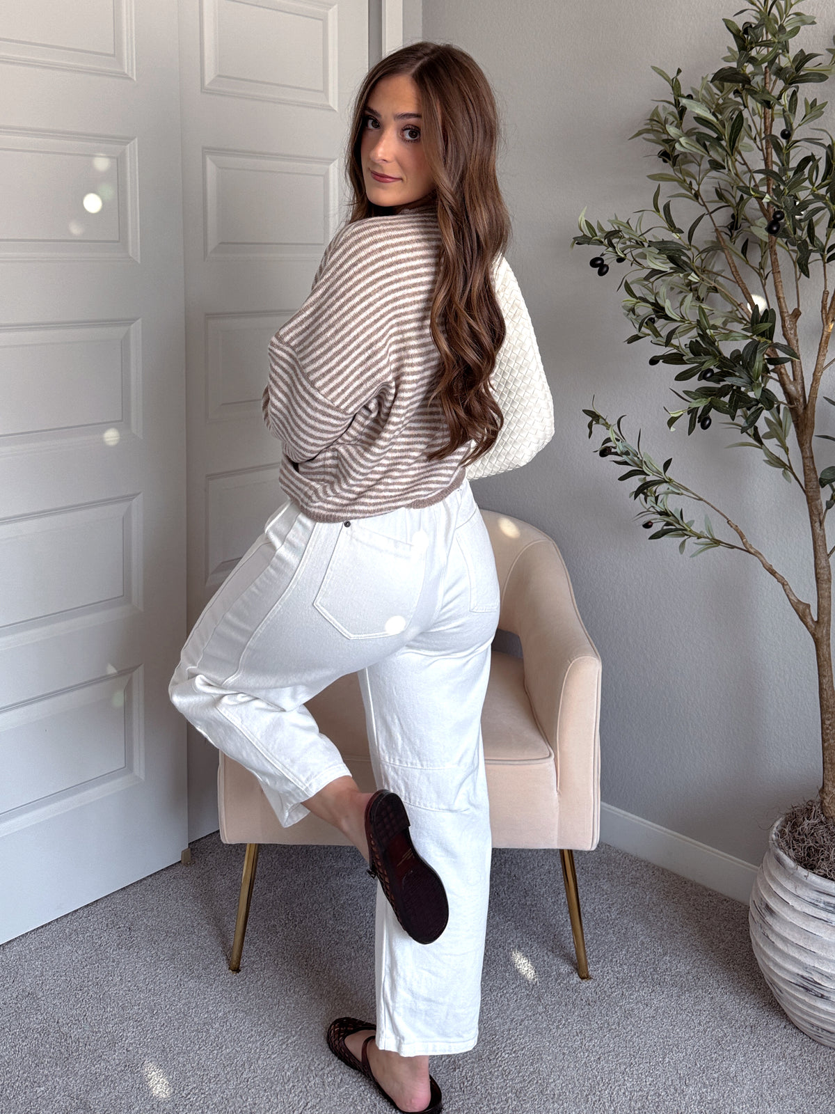 Maeve Striped Raw Edge Lightweight Knit Cardigan (Light Mocha)
