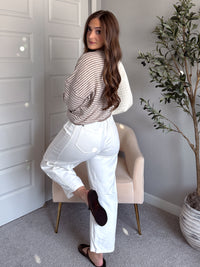 Maeve Striped Raw Edge Lightweight Knit Cardigan (Light Mocha)