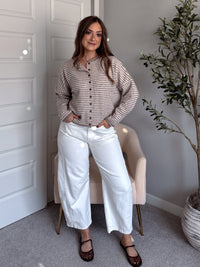 Maeve Striped Raw Edge Lightweight Knit Cardigan (Light Mocha)