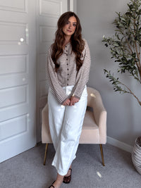 Maeve Striped Raw Edge Lightweight Knit Cardigan (Light Mocha)