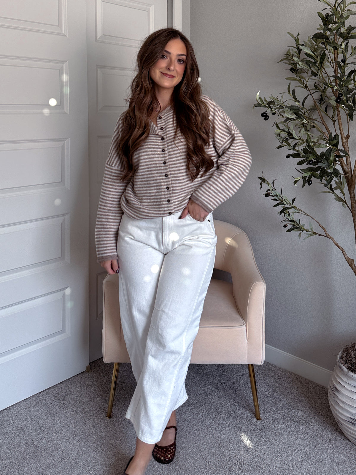 Maeve Striped Raw Edge Lightweight Knit Cardigan (Light Mocha)