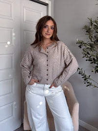 Maeve Striped Raw Edge Lightweight Knit Cardigan (Light Mocha)
