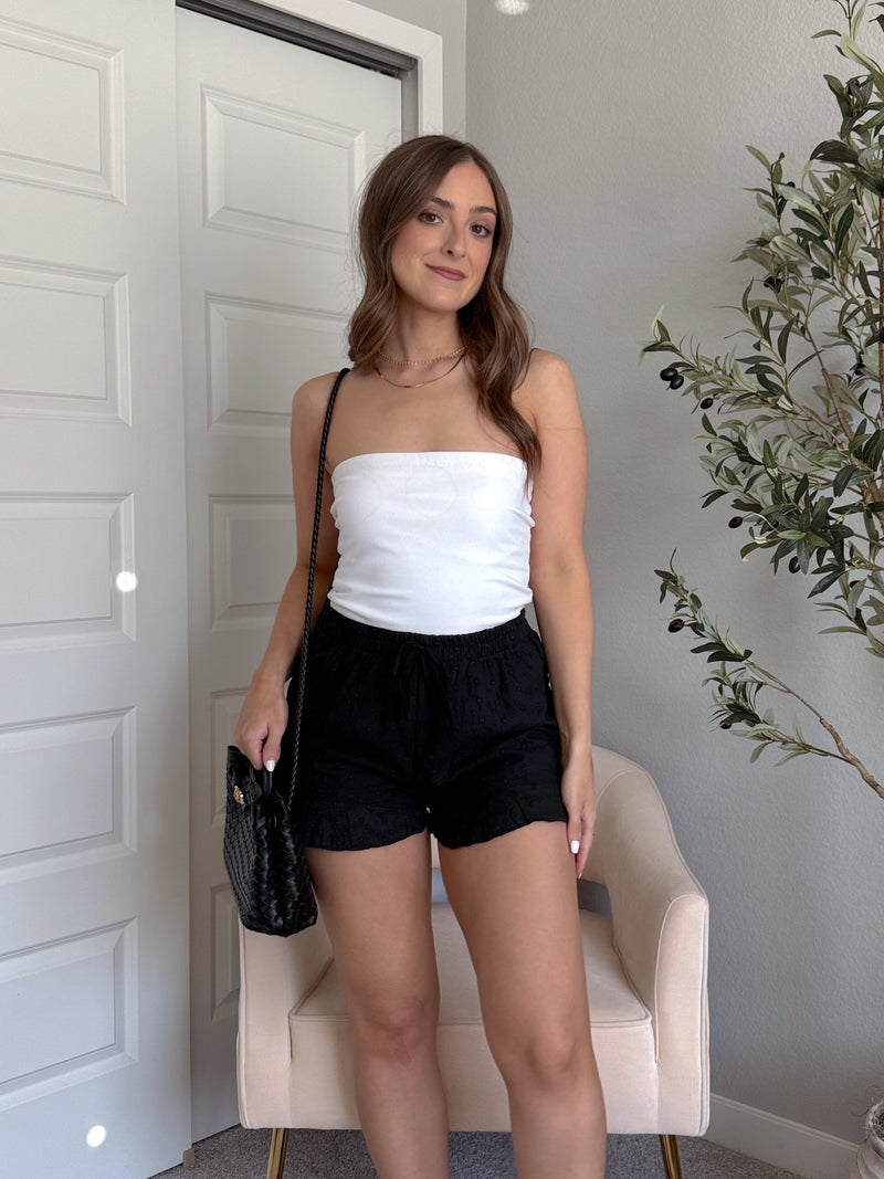 Maggie Eyelet Ruffle Hem Cotton Shorts (Black)