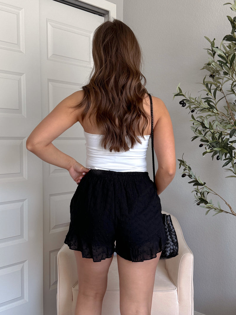 Maggie Eyelet Ruffle Hem Cotton Shorts (Black)