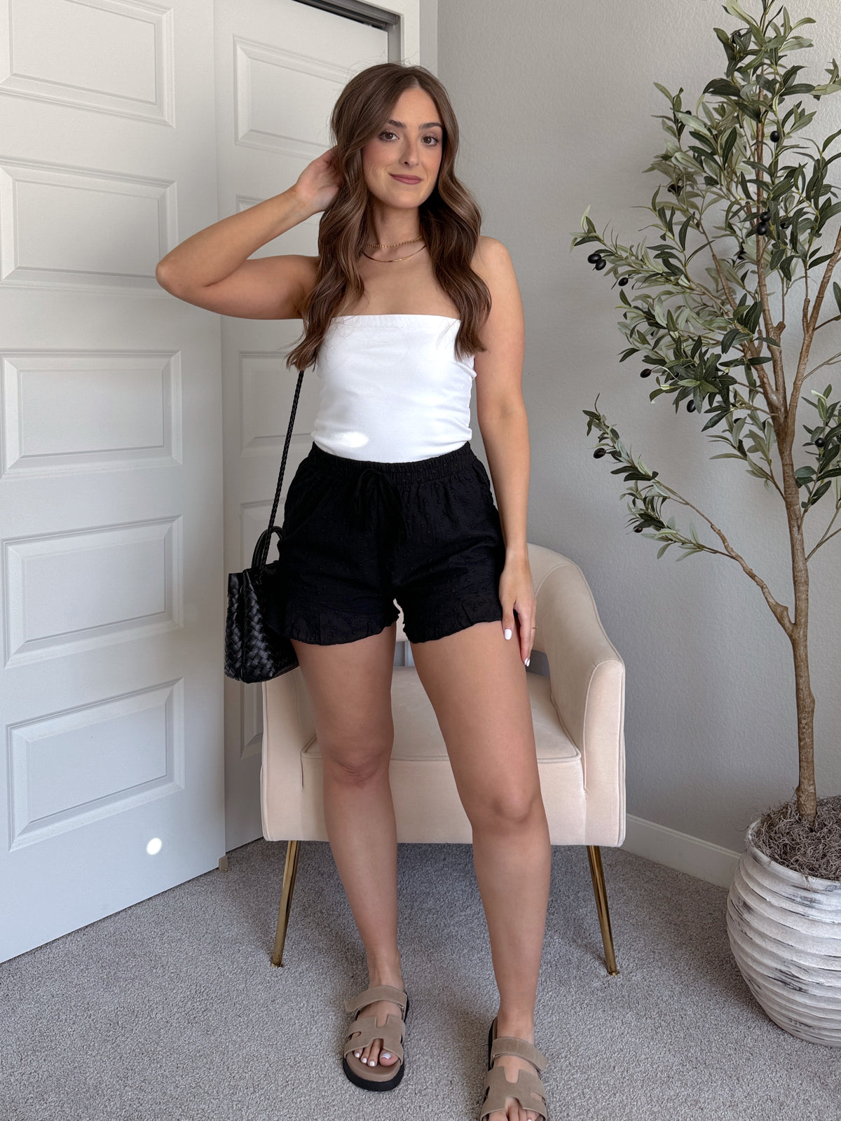 Maggie Eyelet Ruffle Hem Cotton Shorts (Black)