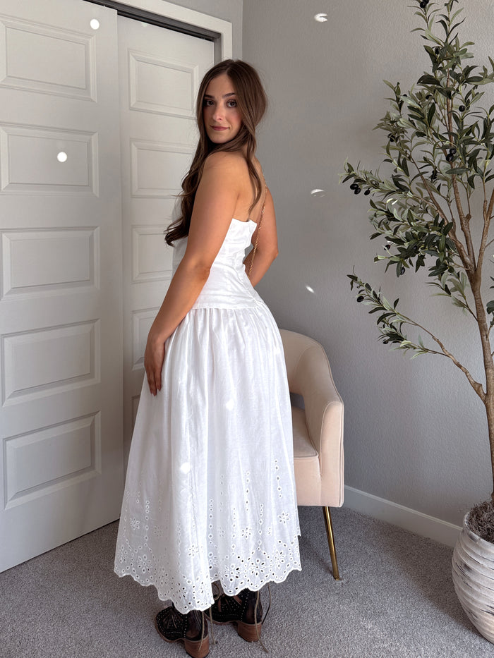 Magnolia Strapless Cotton Eyelet Midi Dress (White) Small Magnolia Strapless Cotton Eyelet Midi Dress (White) Small