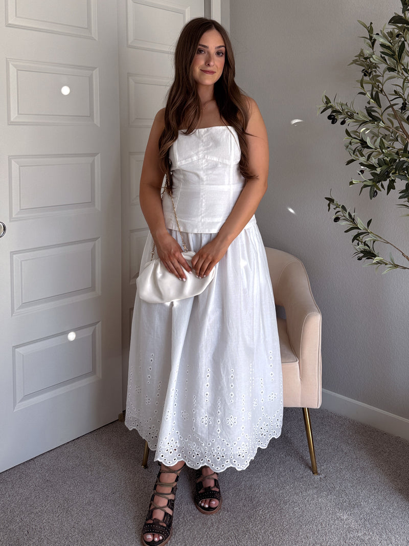 Magnolia Strapless Cotton Eyelet Midi Dress (White) Small