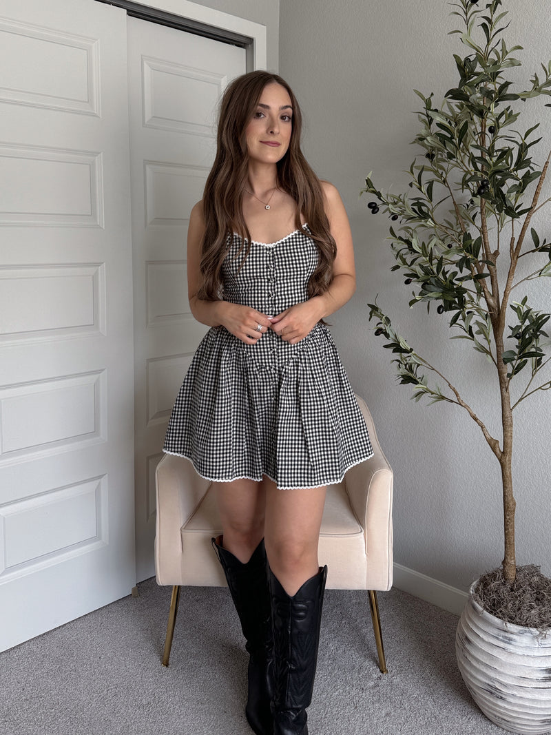 Maisie Gingham Fit & Flare Mini Dress (Black/White)