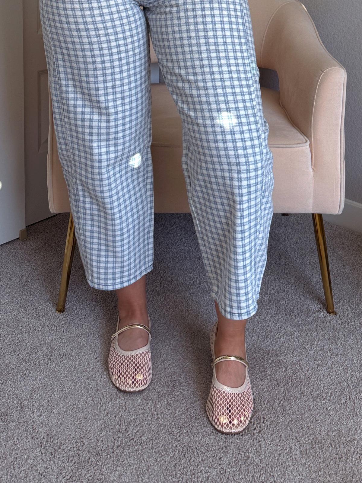 Maisy Mesh Mary Jane Gold Strap Flats (Bone)
