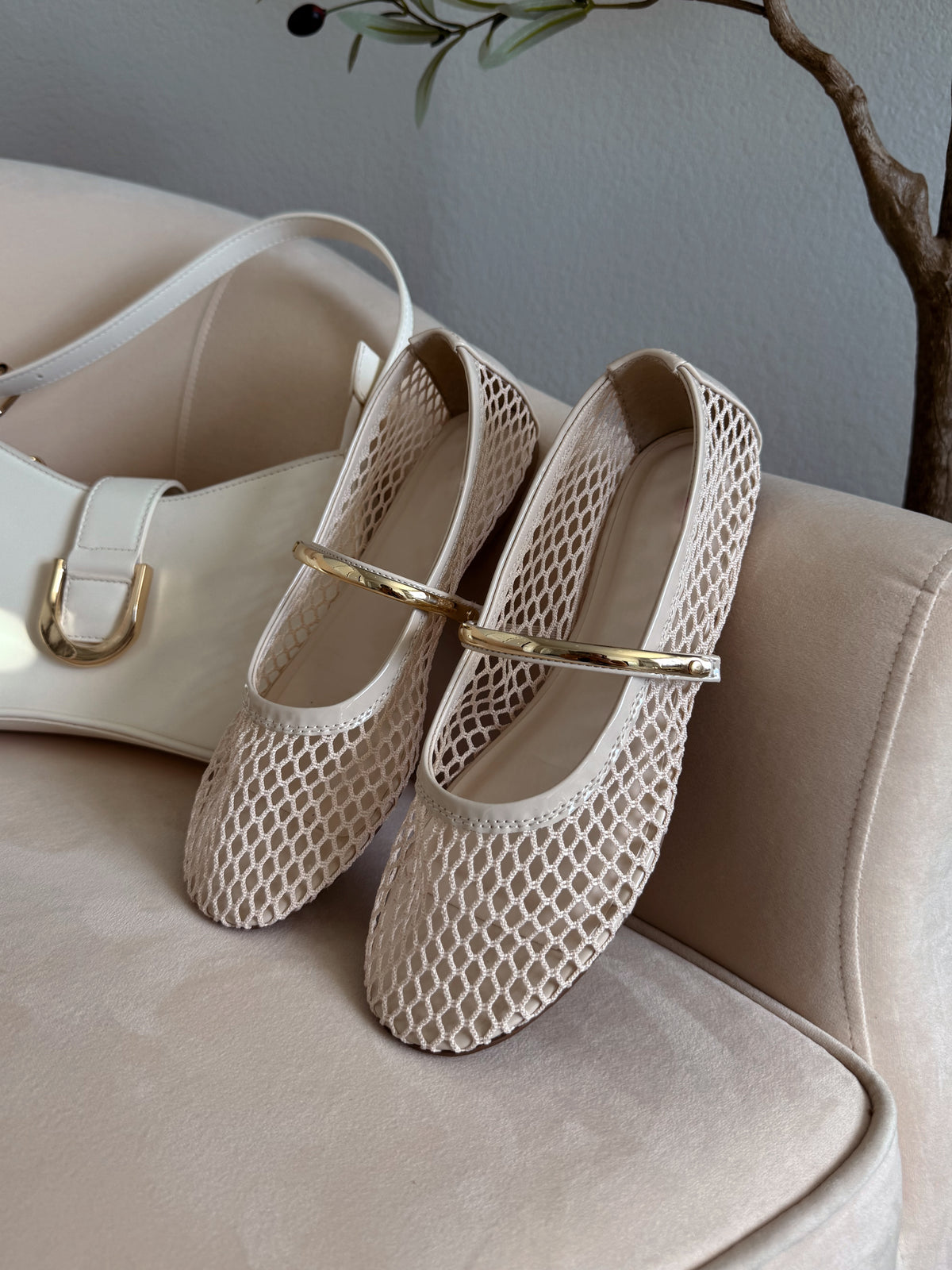 Maisy Mesh Mary Jane Gold Strap Flats (Bone)